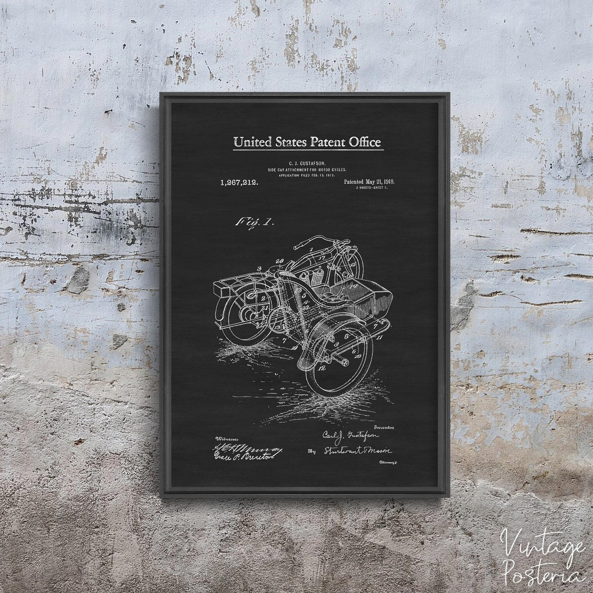  Motorcycle Sidecar Gustafson United States Patent Vintage Poster, Vintage Print, Patent Drawing, Pencil Wall Print