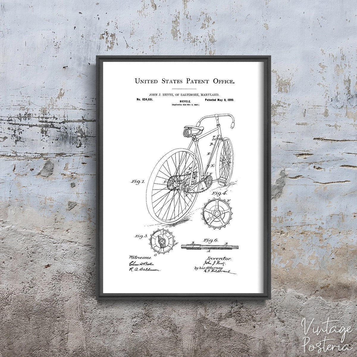  Bicycle Hentz United States Patent Vintage Vintage Poster, Painting Print, Patent Prints, Sketch Wall Print