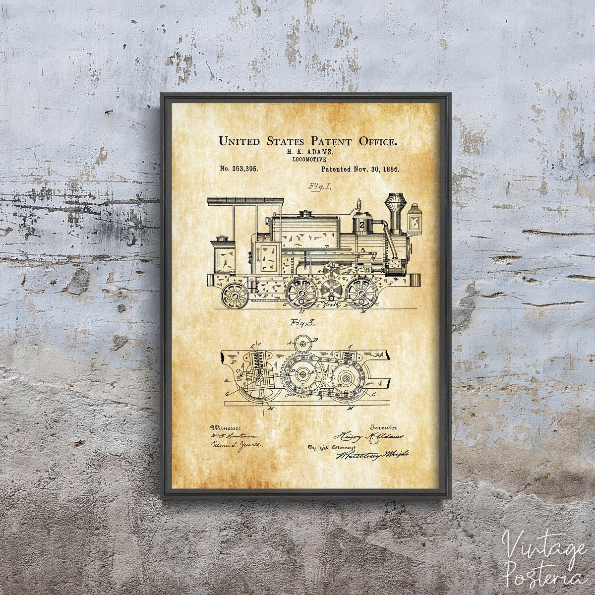  Locomotive Adams United States Patent Vintage Poster, Vintage Poster, Music Patent Prints, Sketch Wall Hanging