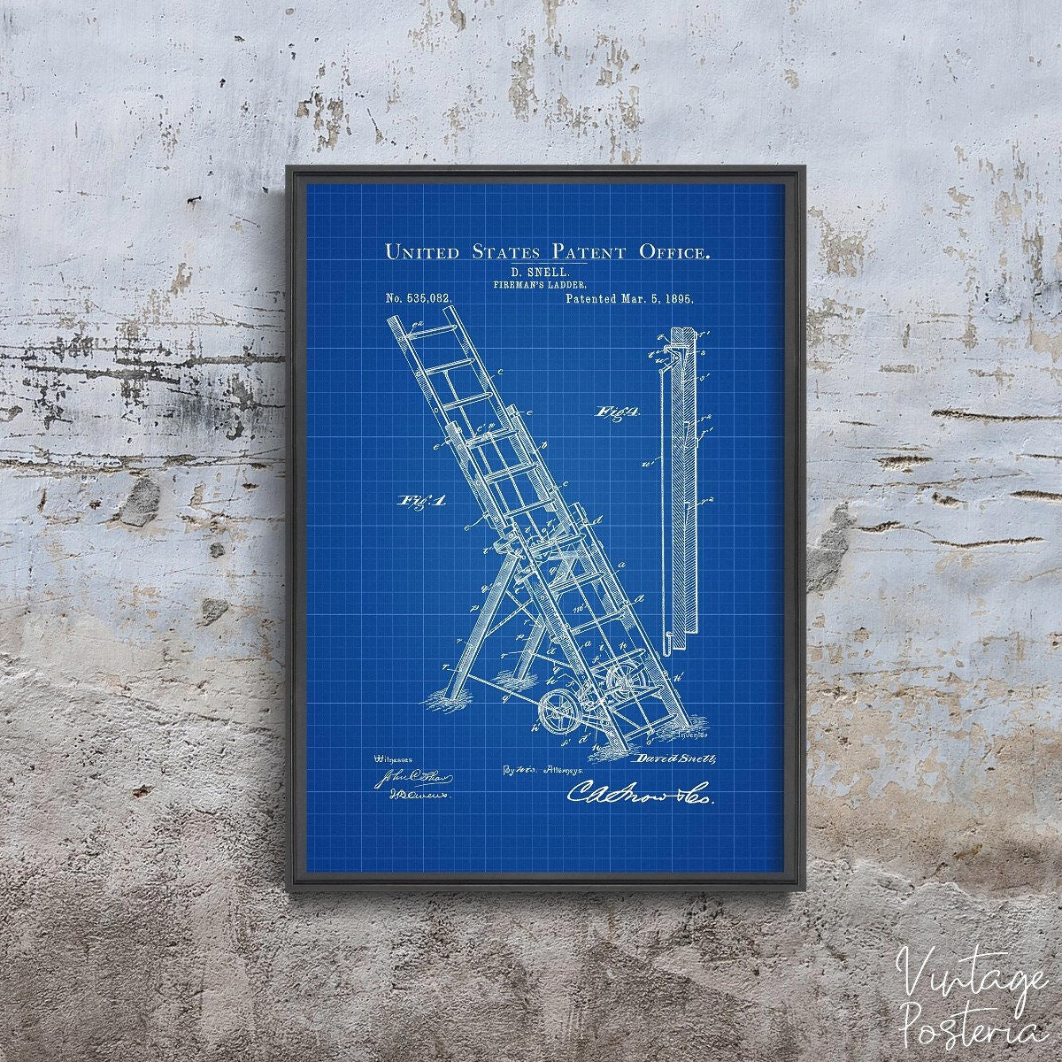  Firemans Snell Ladder United States Patent Vintage Poster, Vintage Home Decor, Patent, Pencil Wall Print