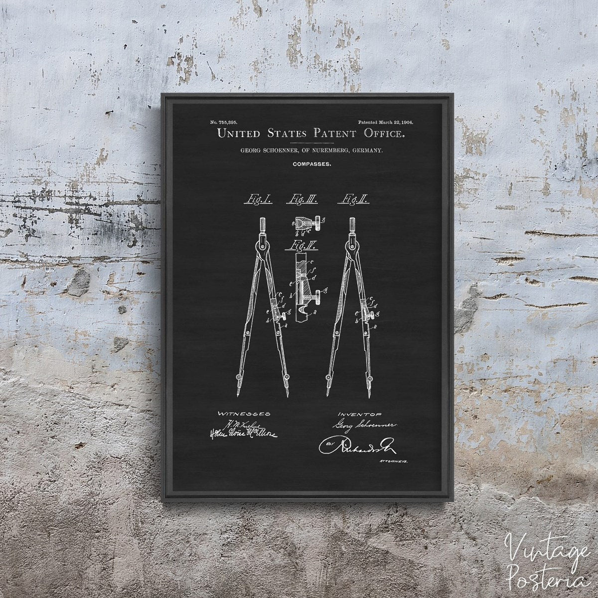  Drawing Compass Schoenner United States Patent Vintage Poster, Vintage Wall Decoration, Patent Prints Art, Sketch Wall Decor
