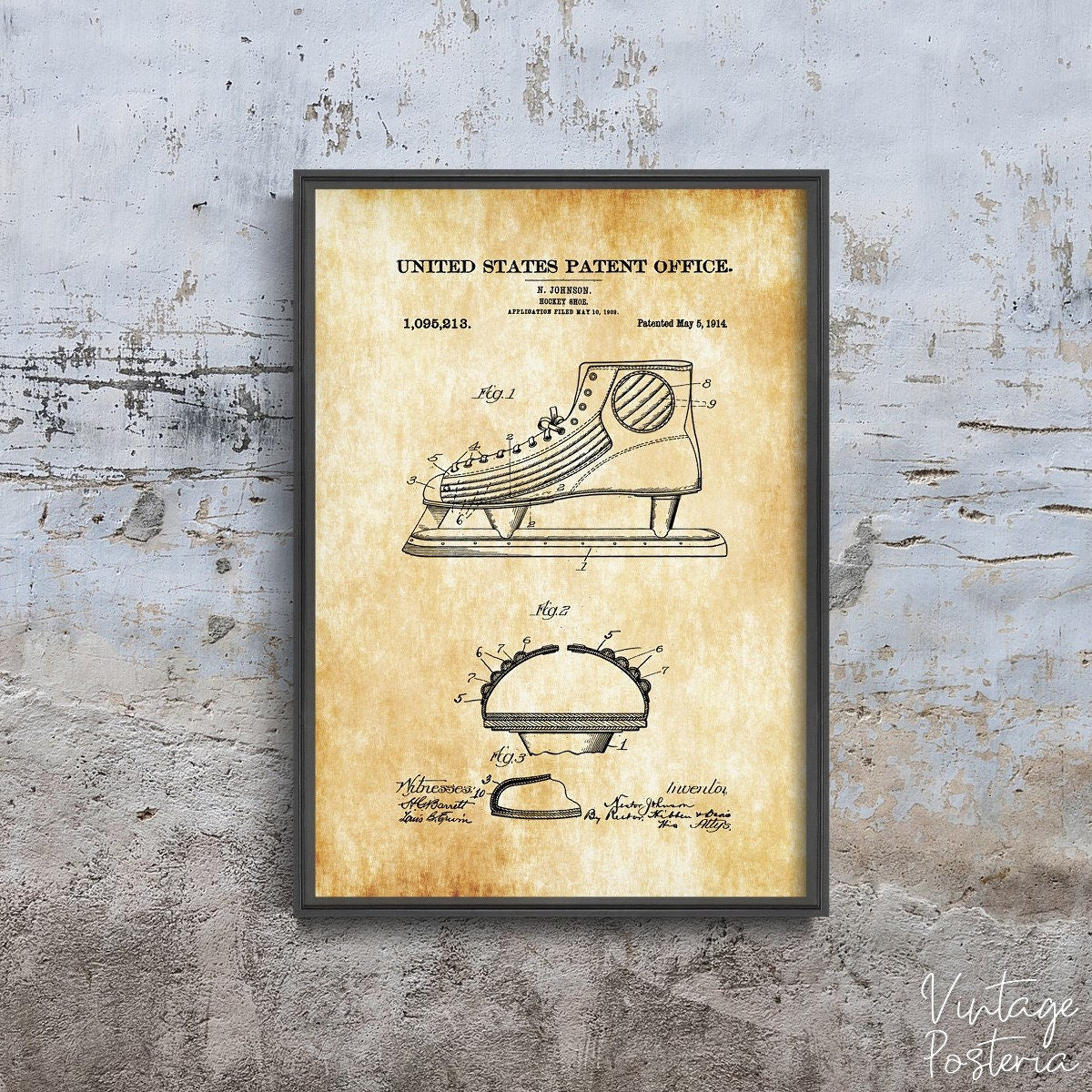  Ice Hockey Johnson Shoe United States Patent Vintage Poster, Cotton Canvas, Patent Prints, Pencil Art
