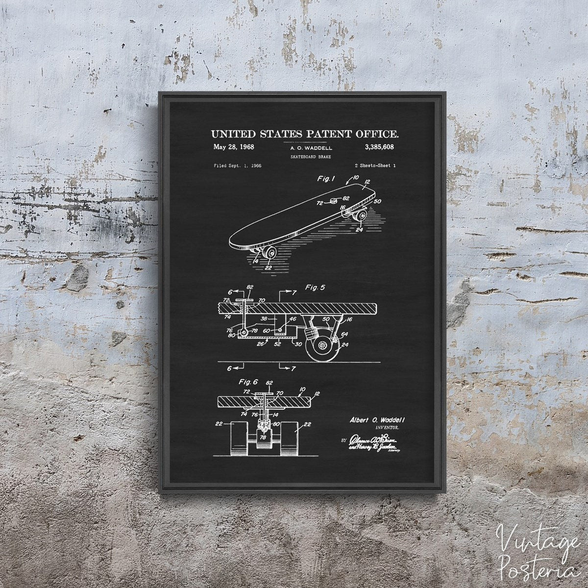  Vintage Skateboard Break Waddell Uinited States Patent Vintage Poster, Self Adhesive Poster, Game Patent Prints, Sketch Wall Decor