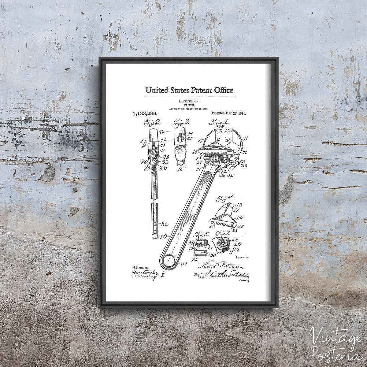  Adjustable Wrench Peterson United States Patent Vintage Poster, Wall Hanging, Patent Prints, Drawing Wall Art