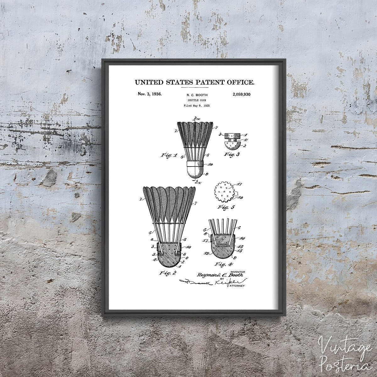  Badminton Booth Bird United States Patent Vintage Poster, Aesthetic Wall Hangings, Patent Drawing, Pencil Wall Print