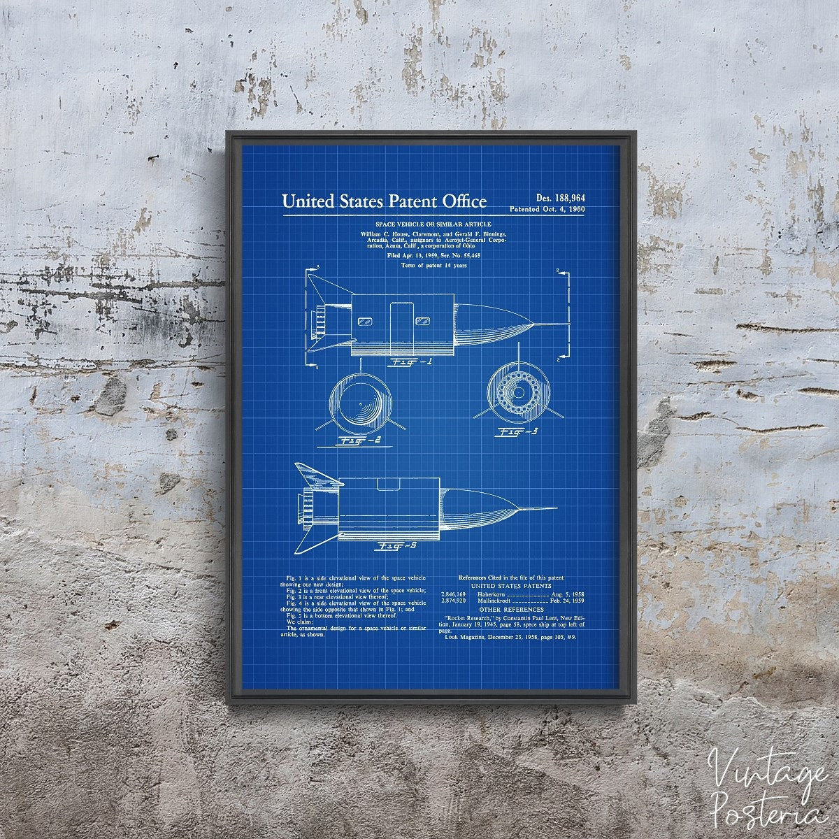  Space Vehicle United States Patent Vintage Poster, Art Print, Music Patent Prints, Plans Wall Print