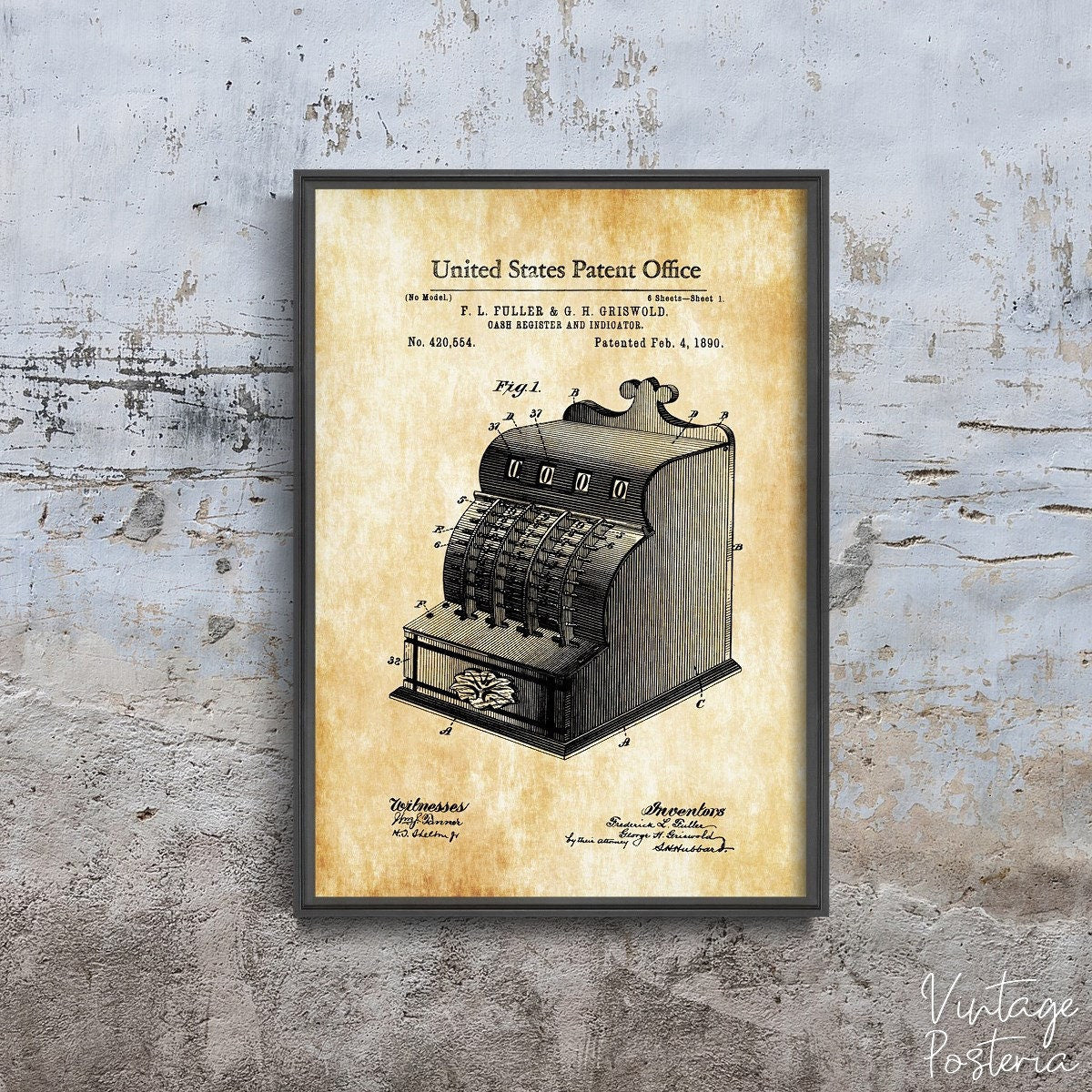  Cash Register Fuller & Griswold Us Patent Vintage Poster, Cotton Canvas, Patent Prints, Pencil Decor