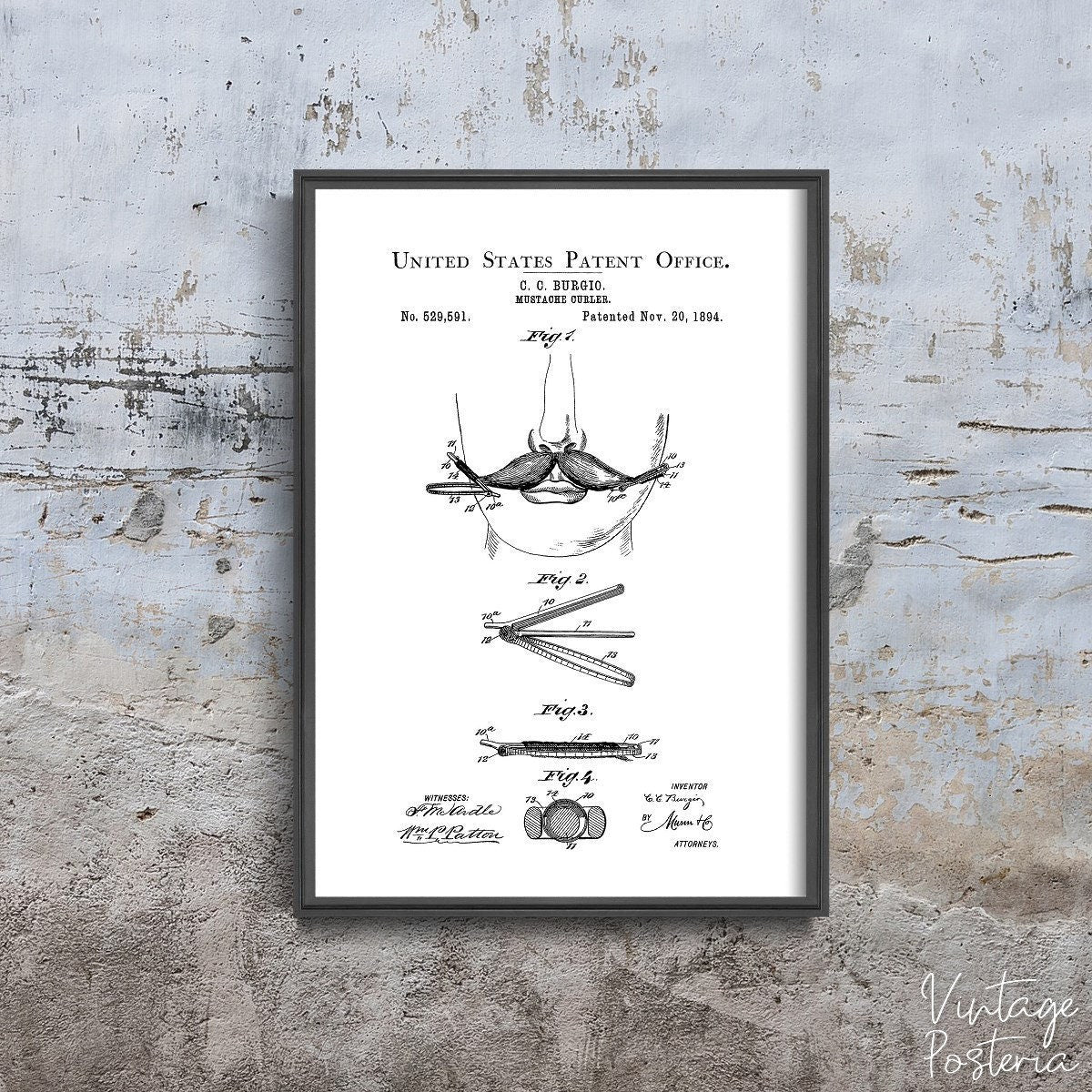  Mustache Curler Burgio United States Patent Vintage Poster, Wall Hanging, Patent Prints Art, Drawing Wall Art