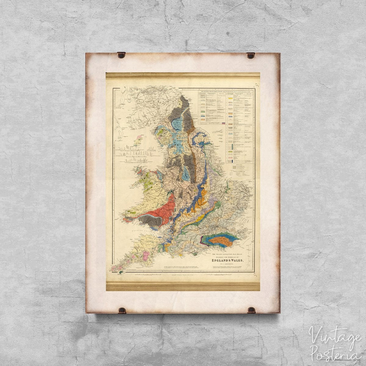  Old Map Of England -Rail Roads Geology Vintage Poster, Painting Print, Country Map, Continents