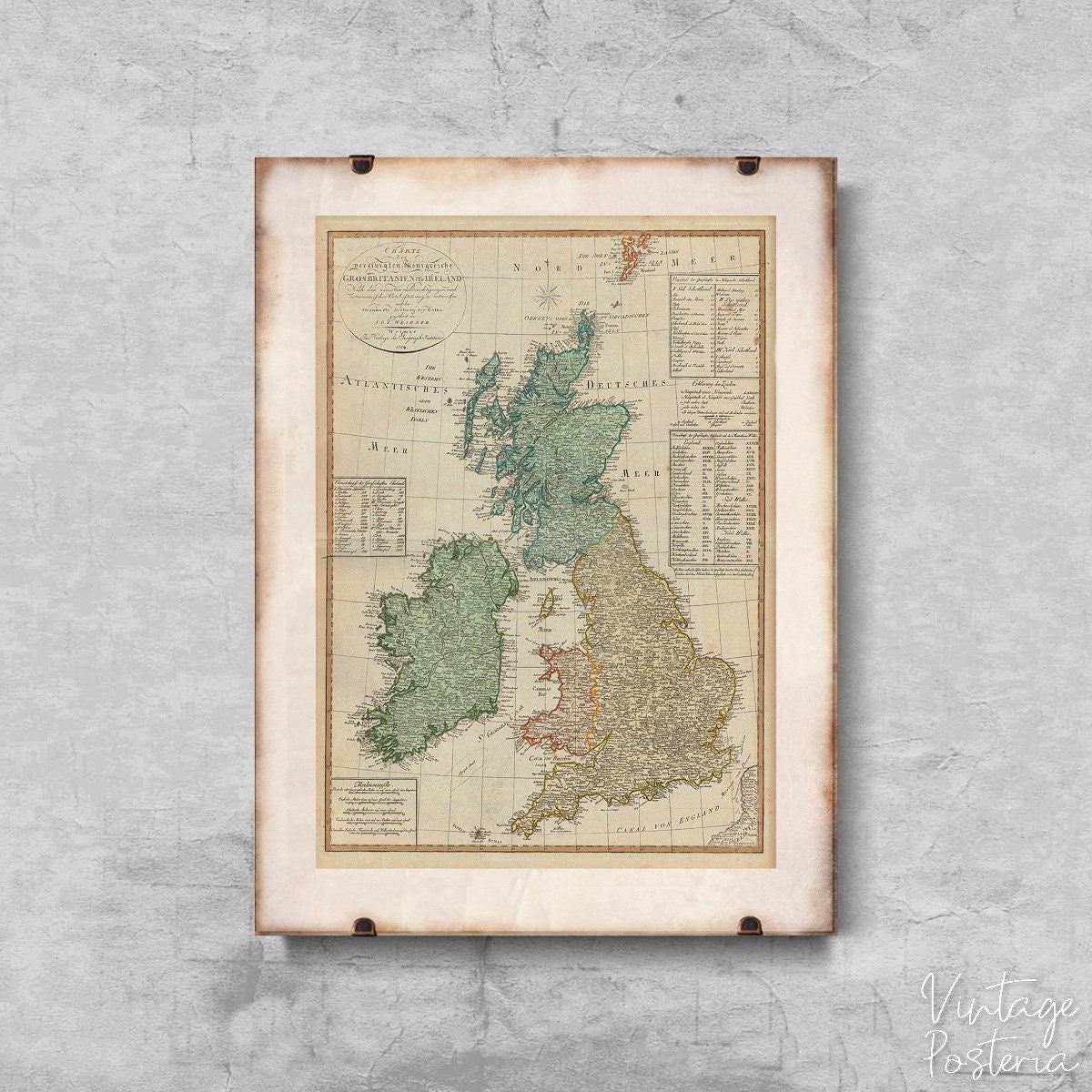  Map of Great Britain Vintage Poster, Cotton Canvas, Map Wall Art, Old Sketch