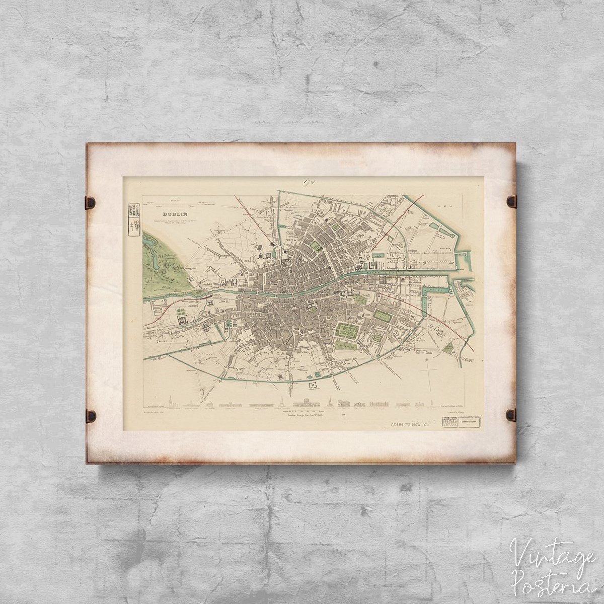  Vintage Map of Dublin Ireland Vintage Poster, Illustration Print, Historical Maps, Borders Art