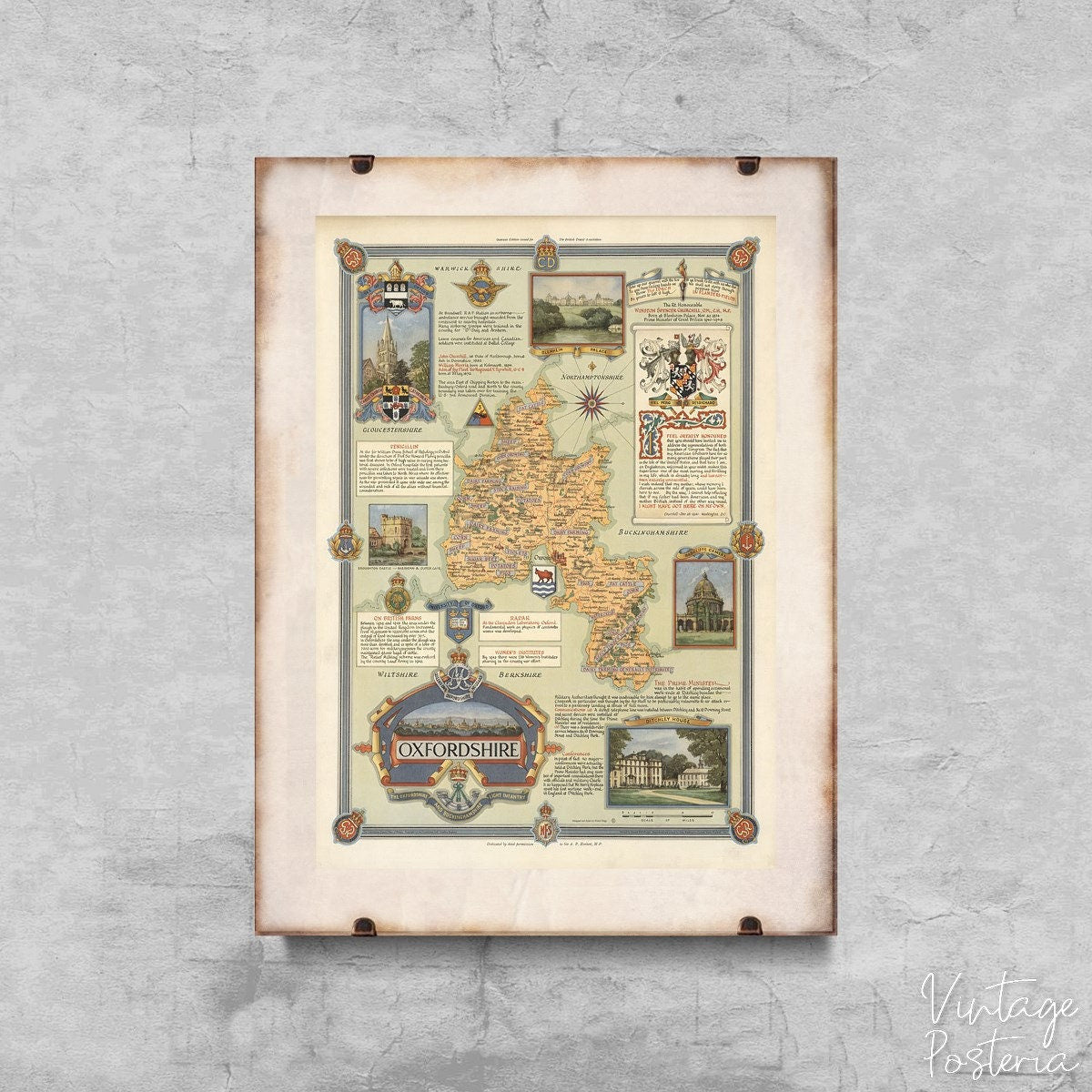 Vintage Oxford Shire Map Oxford Uk Vintage Poster, Wall Hanging, Map Posters, Map Wall Decor