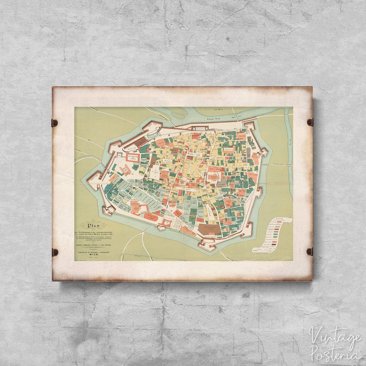  Old Map of Wien with Concave Austria Vintage Poster, Self Adhesive Print, Wall Map, Old Art