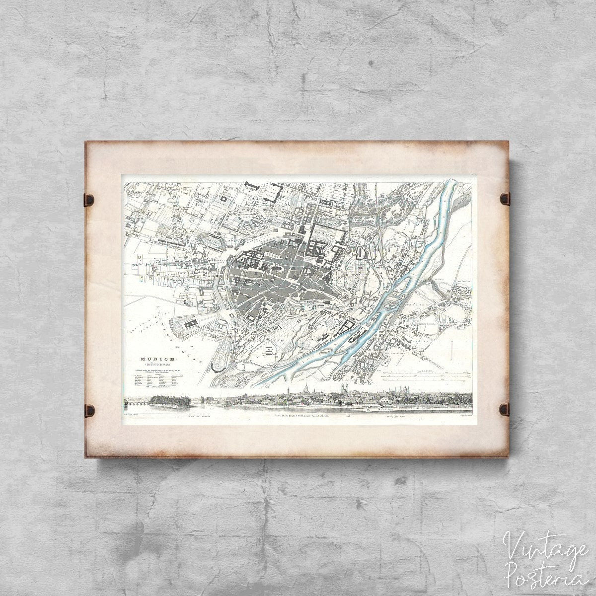  Old Map of Munich with Concave Germany Vintage Poster, Vintage Pattern, Map Wall Art, Map Print