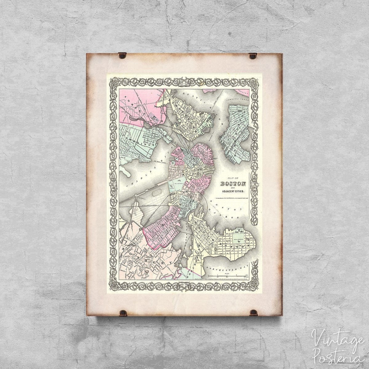  Colton Plan or Map of Boston Vintage Poster, Vintage Home Decor, Map Posters, Borders Art