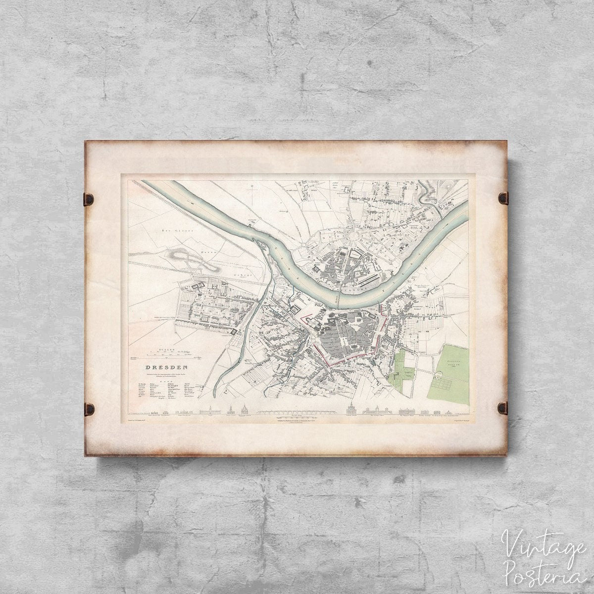  Old Map of Dresden with Concave Germany Deutshland Vintage Poster, Vintage Wall Decoration, Map Posters, Old Map Art