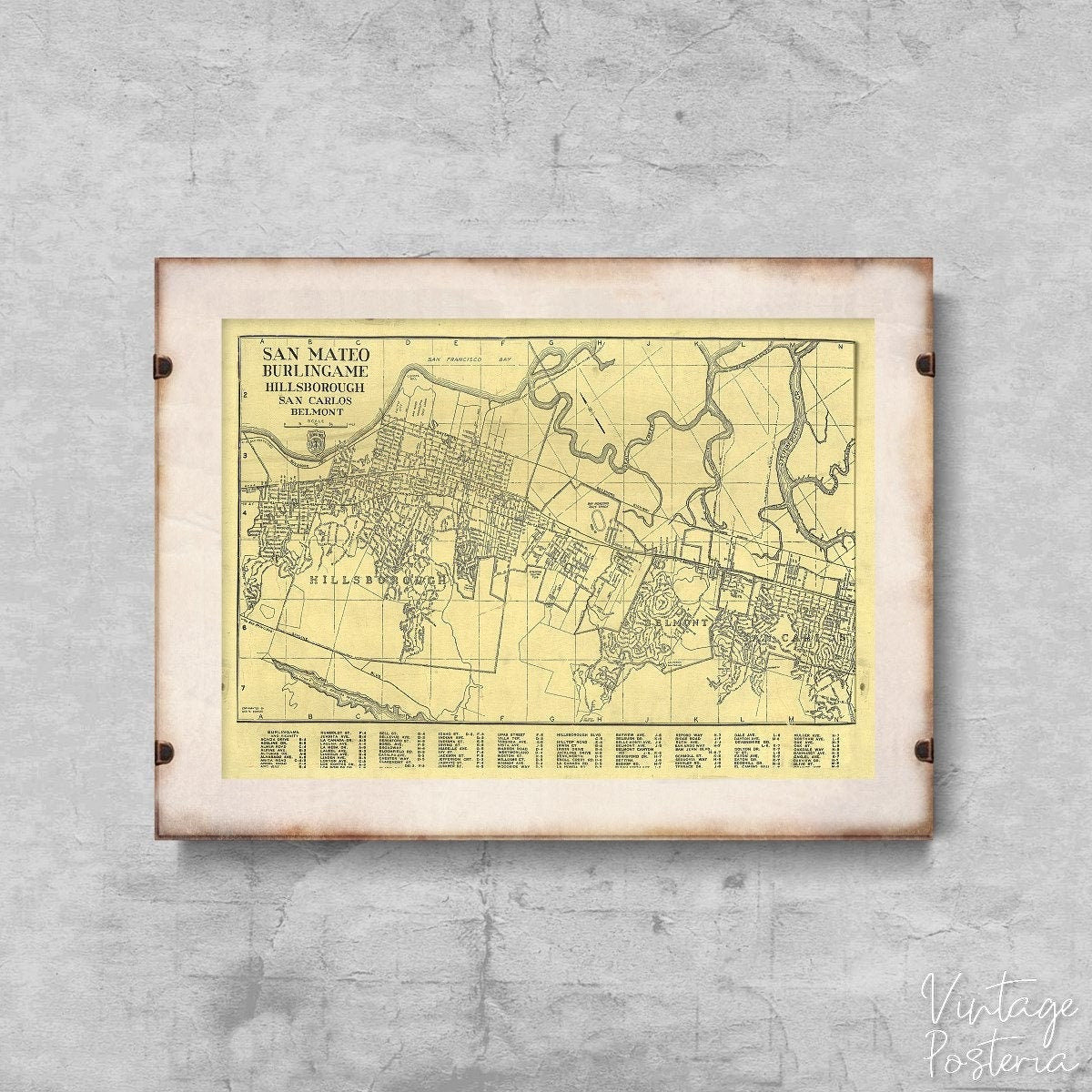  San Mateo Burlingame Hillsborough San Carlos Belmont Map Vintage Poster, Vintage Home Decor, Map Posters, Continents
