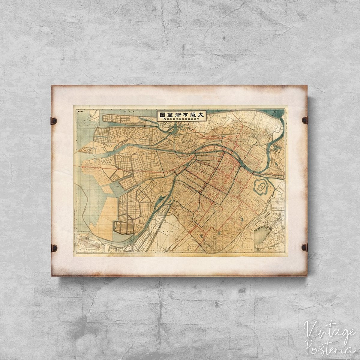  Old Map of Osaka City Japan Vintage Poster, Vintage Poster, Historical Maps, Map Print
