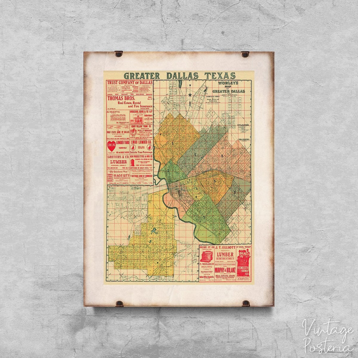 Old Map Dallas Texas Vintage Poster, Vintage Wall Art, Map Wall Art, Countries Decor