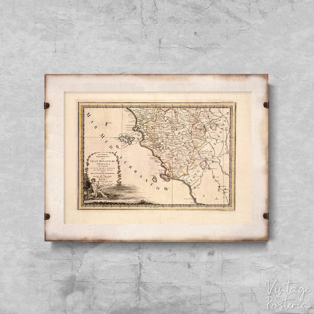  Old Map of Italy Toscana Vintage Poster, Cotton Canvas, Wall Map, Map Print