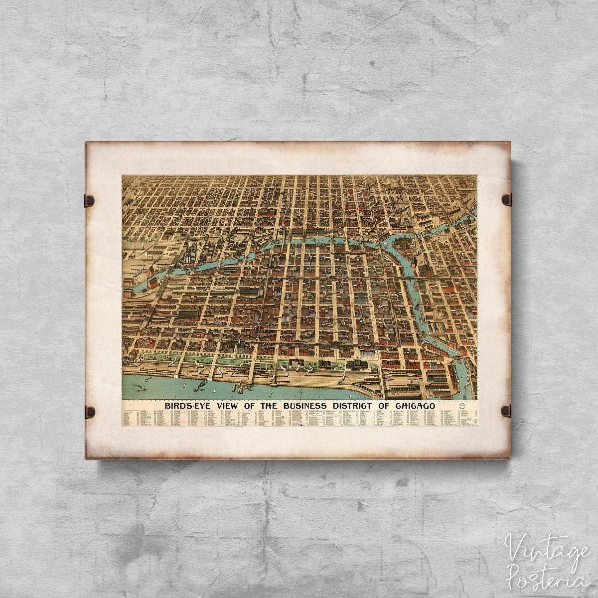  Birdseye of Business District of Chicago Map Vintage Poster, Vintage Wall Decoration, Wall Print, Vintage Art
