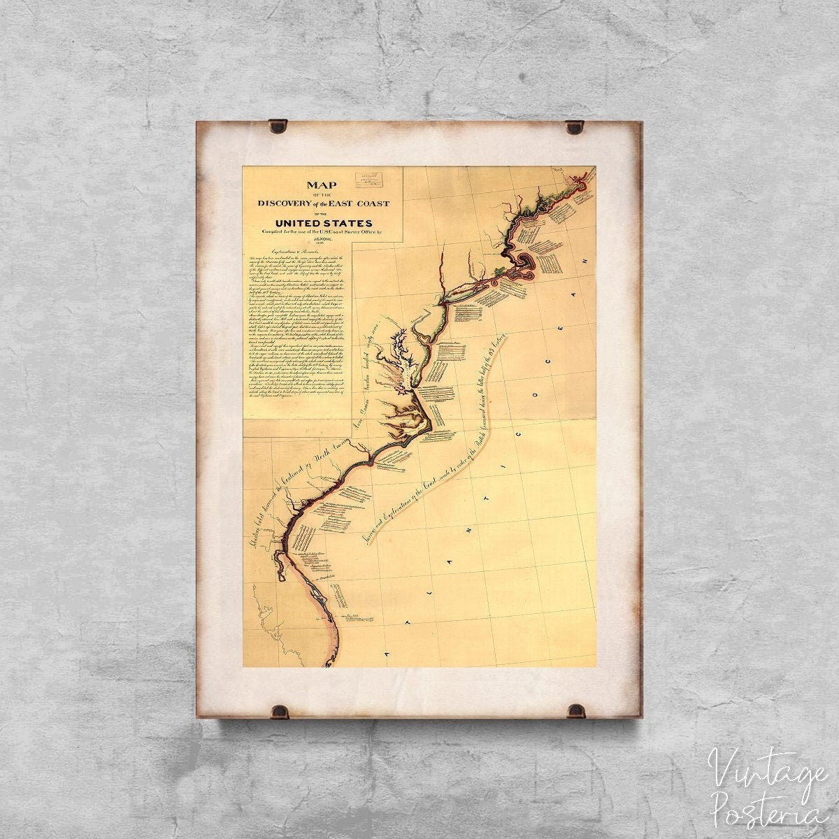  Old Map of Discovery of the East Coast Usa Vintage Poster, Cotton Canvas, Map Posters, Old Art